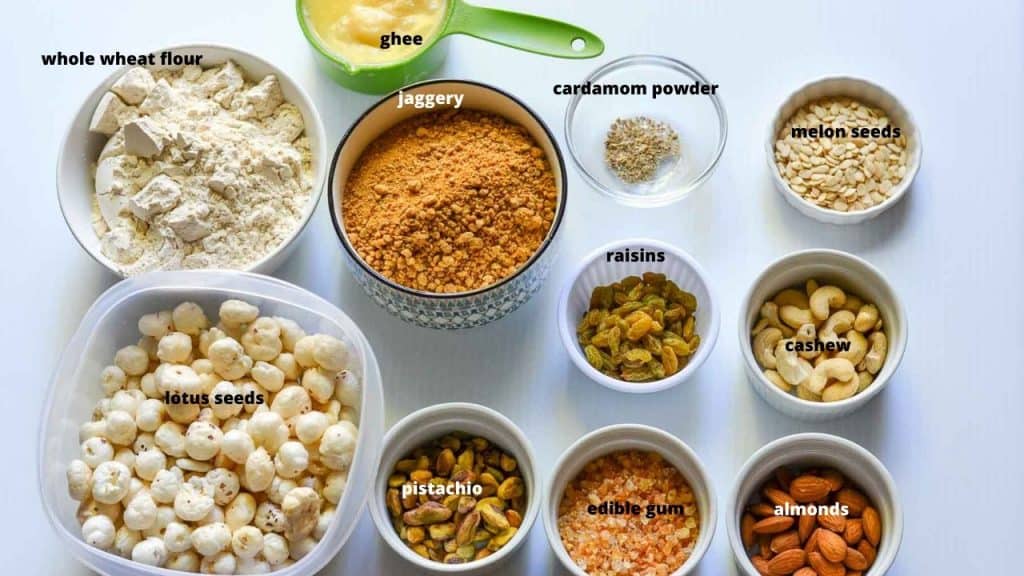 ingredients of gond ke ladoo shown together