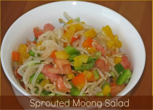 Sprouted Moong Salad | How To Make Sprouted Yellow Lentil Salad Sprouted moong salad is very healthy and nutritious. Whole moong dal/yellow lentil is a good source of vitamins like Vit K, Vit C, Iron, Vit B, and protein. Sprouted moong salad can be eaten as a snack or breakfast. This is also a great post-workout snack.