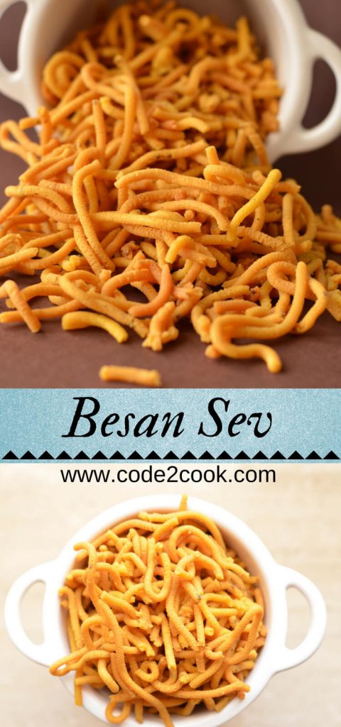 Besan Sev | How to make Besan Sev Besan sev is a very famous snack prepared in every household kitchen in India. It is a blend of besan or gram flour and a few spices, which is deep-fried. They are crisp and savory in taste and a great tea time snack. This snack is made during Holi or Diwali, though you can cook throughout the year