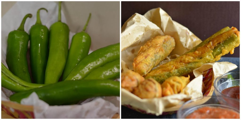Bherwa Mirch Ka Pakora | Stuffed Green Chili Fritters Bherwa Mirch ka pakora is stuffed green peppers with mashed potatoes filling with some aromatics spices, dipped in spicy besan (gram flour) batter and deep fried. It is a popular Rajasthani street food known as bherwa mirch vada too.