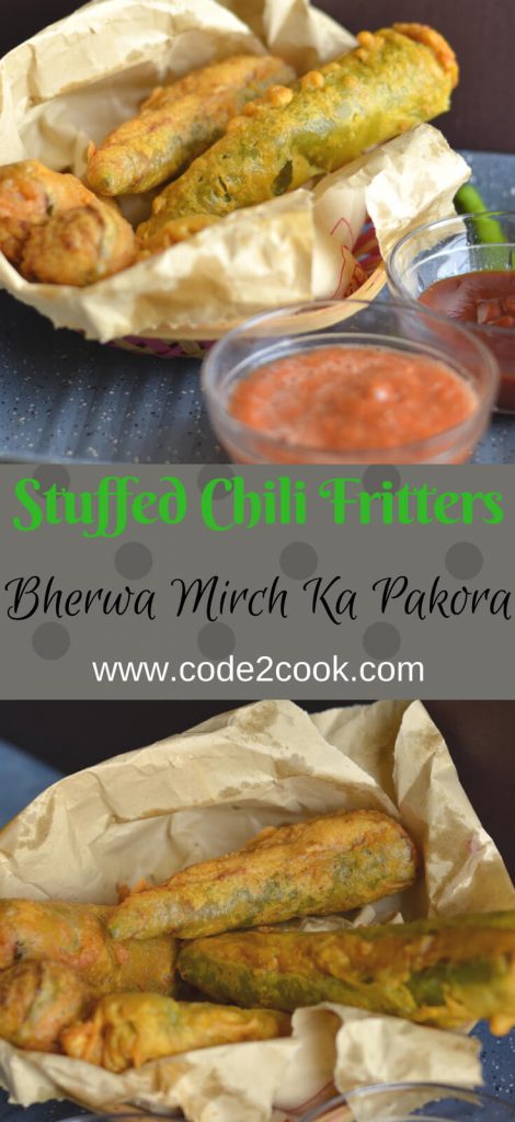 Bherwa Mirch Ka Pakora | Stuffed Green Chili Fritters Bherwa Mirch ka pakora is stuffed green peppers with mashed potatoes filling with some aromatics spices, dipped in spicy besan (gram flour) batter and deep fried. It is a popular Rajasthani street food known as bherwa mirch vada too.