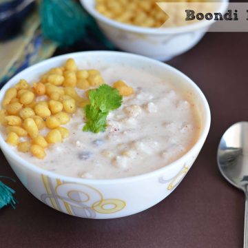Boondi raita or boondi in curd is very easy to make and a default raita in North Indian kitchen. Having only two ingredients curd & boondi this raita goes very well with biryani or any rice dish. At the same time, it is also a great accompaniment with stuffed parathas.