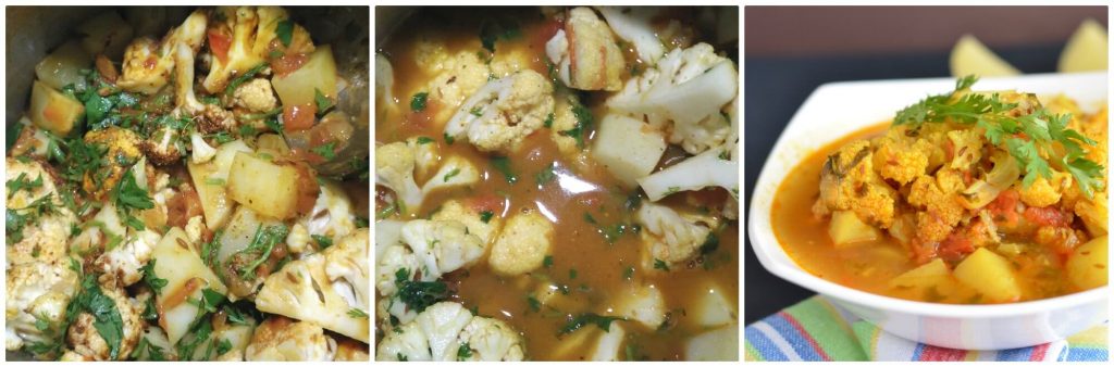 Rasedar aloo gobhi is very simple to cook and a one pot meal. You can cook it in a pressure cooker or instant pot or in kadhahi. Flavored with tomato and spices this gravy is rich as well as full of taste.