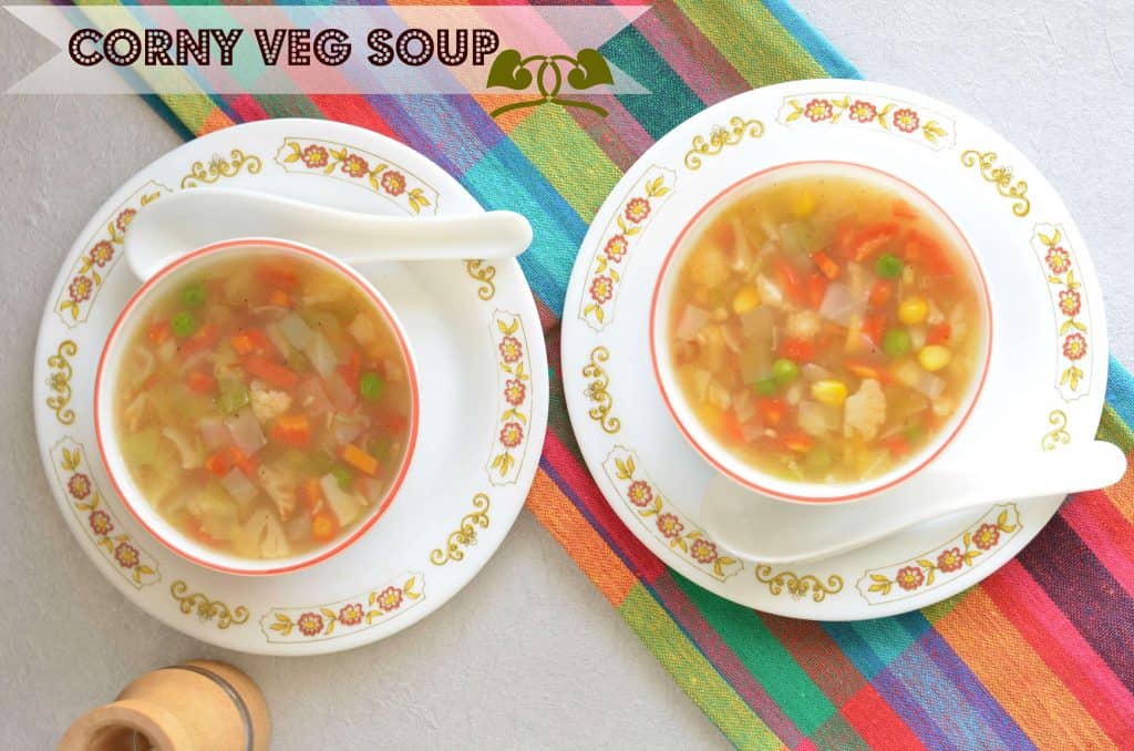 Corn Veg Soup - How to make corn veg soup with little twist Corn veg soup is delicious with crunchy vegetables and aroma of garlic and giner. A dash of pepper powder makes it little spicy but overall is lip smacking soup.