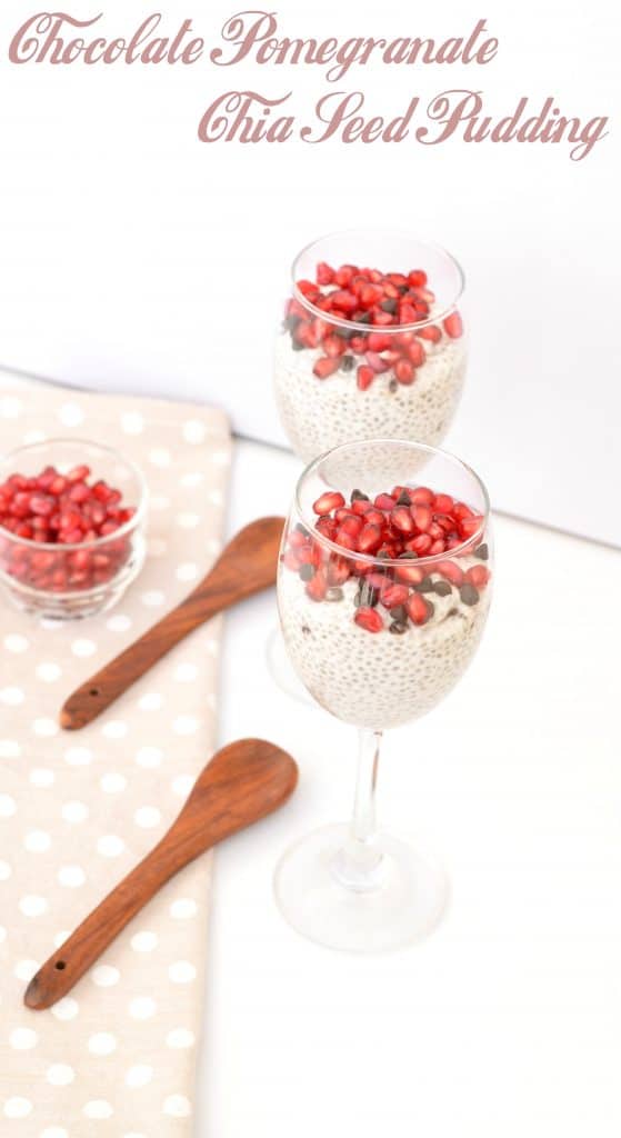 Chocolate Pomegranate Chia Seed Pudding With Coconut Milk Recipe | Gluten Free And Vegan Chia seed pudding is so versatile that just gather few ingredients and whip up in a new flavor altogether. Today I am sharing chia seed pudding which is topped with pomegranate and choco chips. In this pudding, coconut milk is used for soaking and coconut water to bring it to the consistency required.