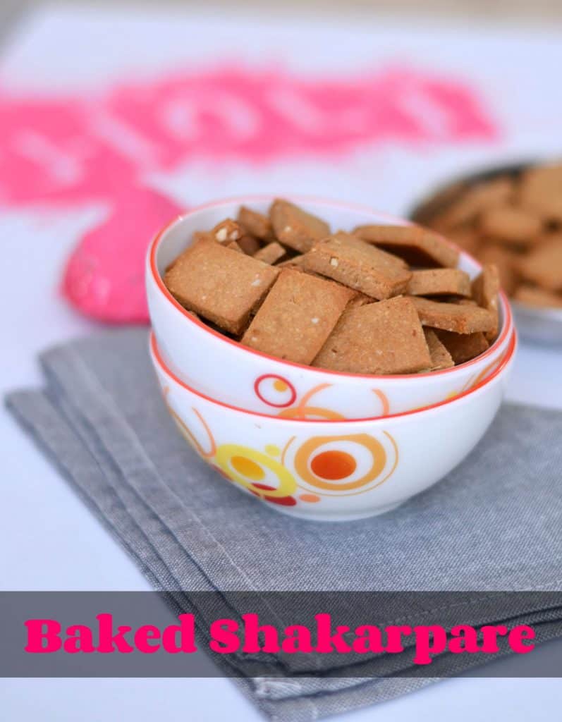 Wholewheat Baked Shakarpara Baked Shakarpara is a sweet wholewheat biscuit which is prepared specially on Holi festival in India. Traditionally sweet shakarpara recipe uses refined flour, and they are deep fried. As the name says, baked shakarpara is the healthy version using whole wheat flour and no deep frying required.