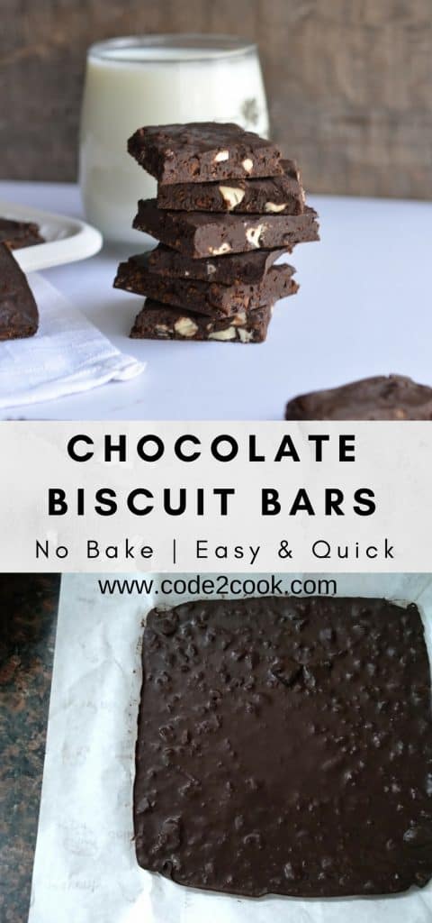 Chocolate Biscuit Bars Recipe | How To Make No Bake Chocolate Biscuit Bars Quick And Easy Today I am sharing yet another no-bake recipe Chocolate biscuit bars. Chocolate biscuit bars are made with leftover Brittania bourbon biscuit, nuts, and chocolate. Very easy to make, just whisking all ingredients and set the mixture in the fridge for few minutes. These no-bake chocolate biscuit bars made their way to my kid's tummy in just a few minutes. www.bitesbyseason.com