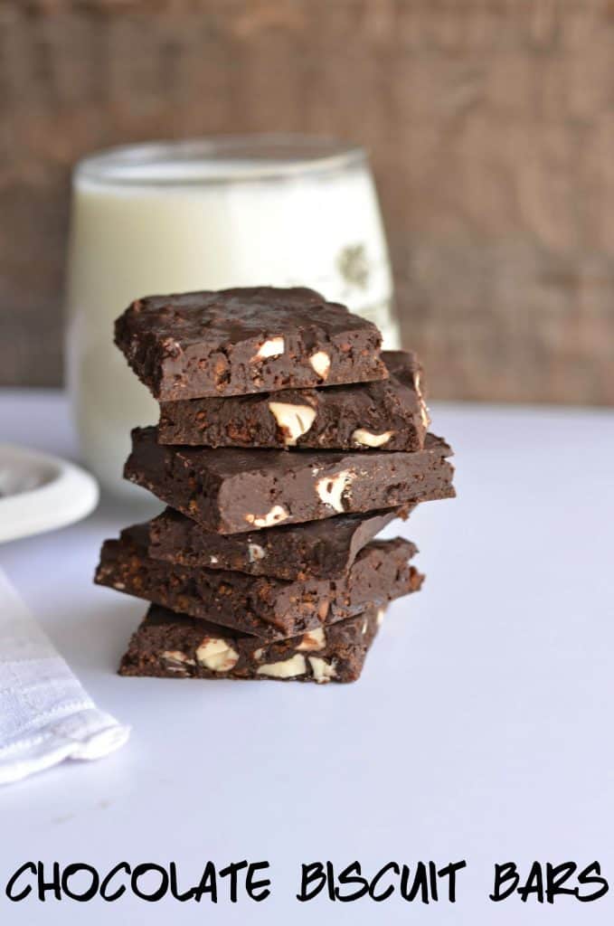 Chocolate Biscuit Bars Recipe | No Bake Chocolate Biscuit Bars Quick And Easy Today I am sharing yet another no-bake recipe Chocolate biscuit bars. Chocolate biscuit bars are made with leftover Brittania bourbon biscuit, nuts, and chocolate. Very easy to make, just whisking all ingredients and set the mixture in the fridge for few minutes. These no-bake chocolate biscuit bars made their way to my kid's tummy in just a few minutes.