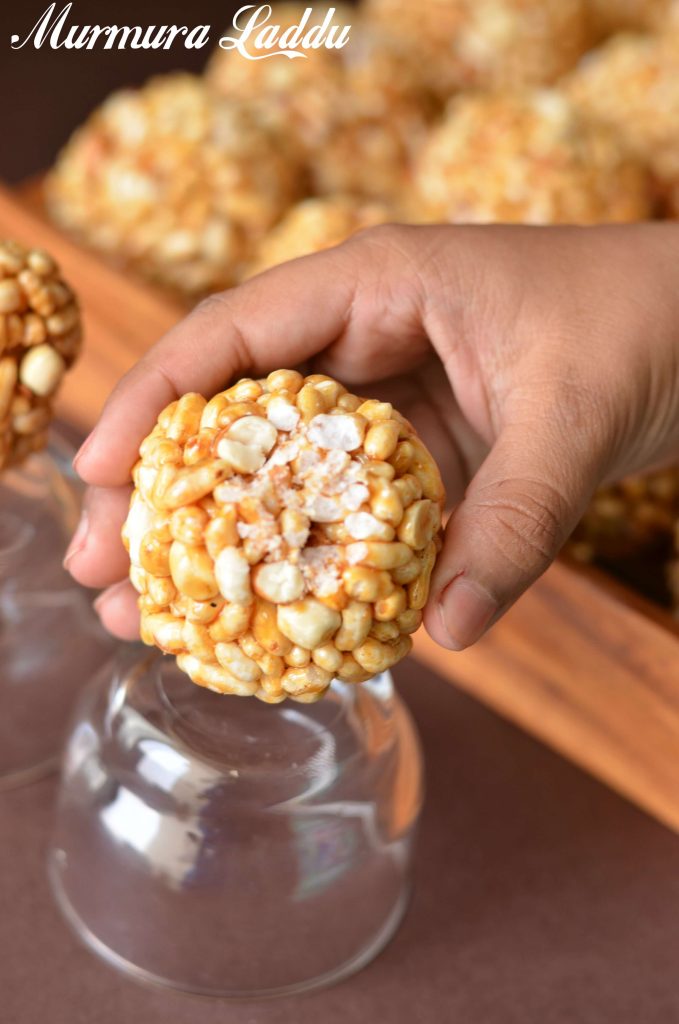 Murmura Laddu Recipe | Puffed Rice Sweet Balls laddu murmura ladoo is clicked after one bite. It is a close up click.