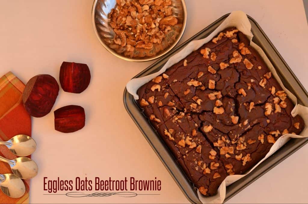 Eggless Oats Beetroot Fudge Brownie Eggless Oats Beetroot Fudge Brownie is the combination of very healthy ingredients like oatmeal and iron-rich beetroot puree. Beetroot is known as a rich source of iron than any other property whereas oats are considered to be the healthiest grain these days. This is gluten-free and a great source of many minerals, antioxidants, vitamins and rich in fiber. I prepared these brownies to keep them as healthy as possible by adding such ingredients. A great post or pre-workout snack for me and good for kids too.