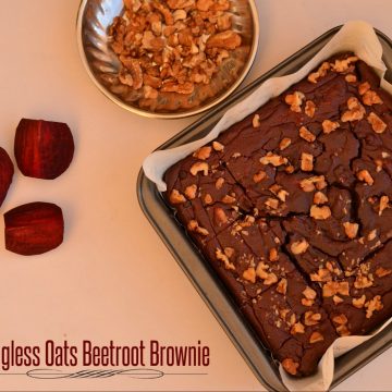 Eggless Oats Beetroot Fudge Brownie is the combination of very healthy ingredients like oatmeal and iron-rich beetroot puree. Beetroot is known as a rich source of iron than any other property whereas oats are considered to be the healthiest grain these days. This is gluten-free and a great source of many minerals, antioxidants, vitamins and rich in fiber. I prepared these brownies to keep them as healthy as possible by adding such ingredients. A great post or pre-workout snack for me and good for kids too.