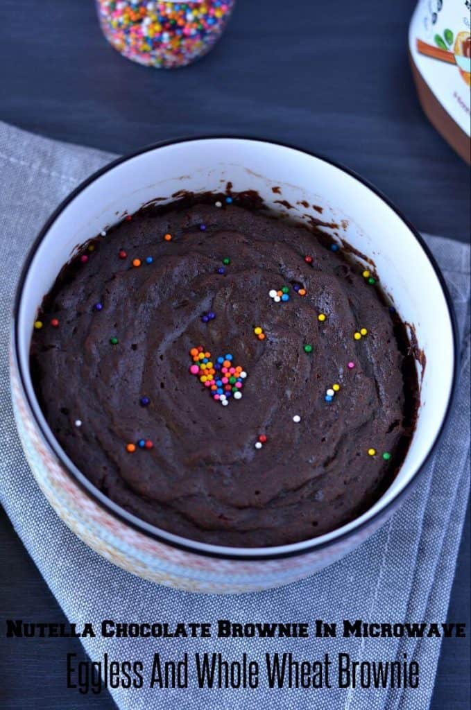 Nutella Chocolate Brownie In Microwave | Eggless And Whole Wheat Brownie Today I am sharing eggless Nutella Chocolate brownie using whole wheat flour baked in a microwave for two. It is soft, moist, and so delicious with chocolaty Nutella. Replacing normal sugar with coconut sugar just to make it on the healthier side.