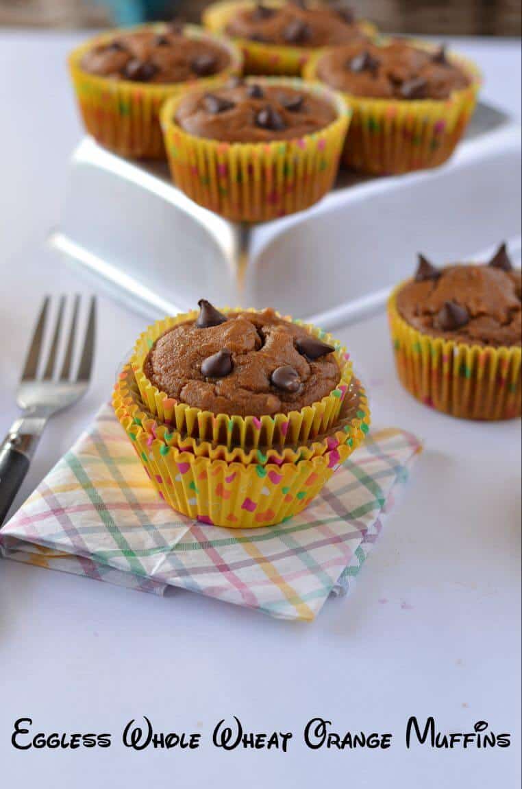 These eggless whole wheat orange muffins are citrus flavored, soft and spongy. Few choco chips sprinkled on top makes them taste awesome with chocolate.