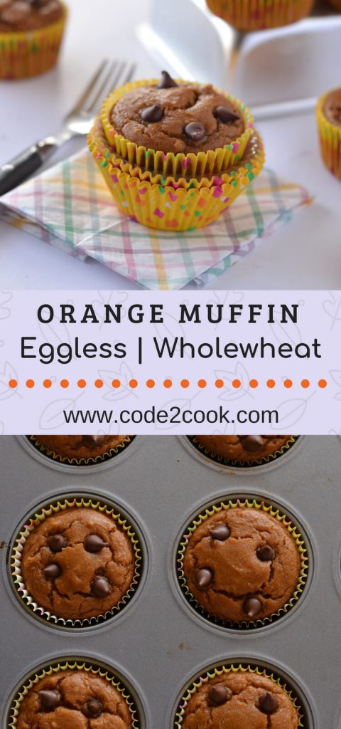 Eggless Whole Wheat Orange Muffin These eggless whole wheat orange muffins are citrus flavored, soft and spongy. Few choco chips sprinkled on top makes them taste awesome with chocolate.