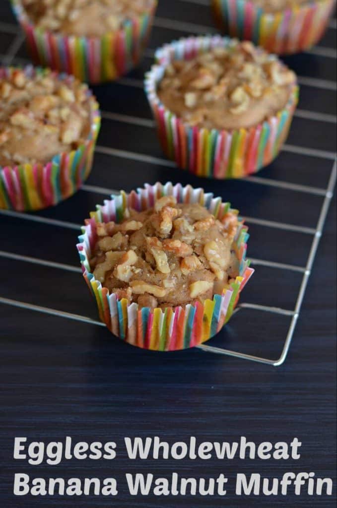 Eggless Whole Wheat Banana Walnut Muffin These banana muffins are made of whole wheat flour and eggless. Soft and moist, few melted choco chips inside and outside you can hear crunchy walnuts sound. Eggless whole wheat banana walnut muffin is very easy and gets ready in just 20 minutes.