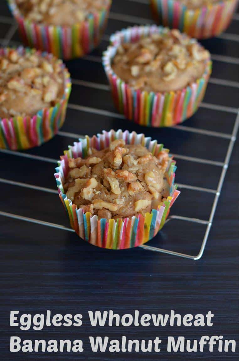 These banana muffins are made of whole wheat flour and eggless. Soft and moist, few melted choco chips inside and outside you can hear crunchy walnuts sound. Eggless whole wheat banana walnut muffin is very easy and gets ready in just 20 minutes.