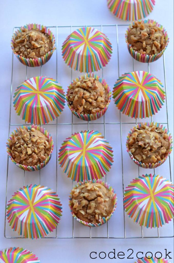 Eggless Whole Wheat Banana Walnut Muffin These banana muffins are made of whole wheat flour and eggless. Soft and moist, few melted choco chips inside and outside you can hear crunchy walnuts sound. Eggless whole wheat banana walnut muffin is very easy and gets ready in just 20 minutes.