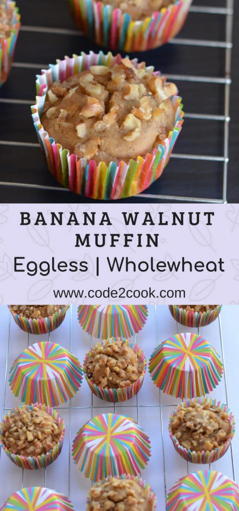 Eggless Whole Wheat Banana Walnut Muffin These banana muffins are made of whole wheat flour and eggless. Soft and moist, few melted choco chips inside and outside you can hear crunchy walnuts sound. Eggless whole wheat banana walnut muffin is very easy and gets ready in just 20 minutes.