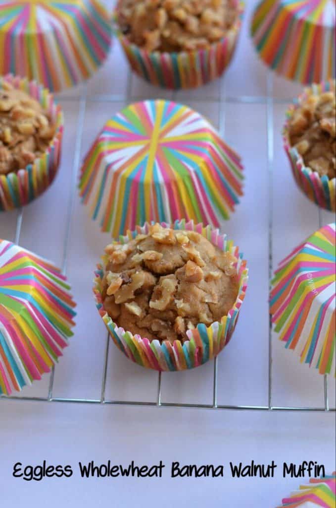 Eggless Whole Wheat Banana Walnut Muffin These banana muffins are made of whole wheat flour and eggless. Soft and moist, few melted choco chips inside and outside you can hear crunchy walnuts sound. Eggless whole wheat banana walnut muffin is very easy and gets ready in just 20 minutes.