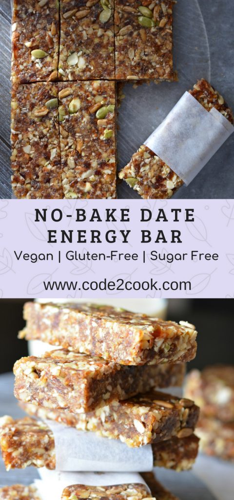 No-Bake Date Energy Bar | Healthy Vegan And Gluten Free These no-bake date energy bar are loaded with natural ingredients like dates, walnut, almonds, and nuts like pumpkin seeds and sunflower seeds