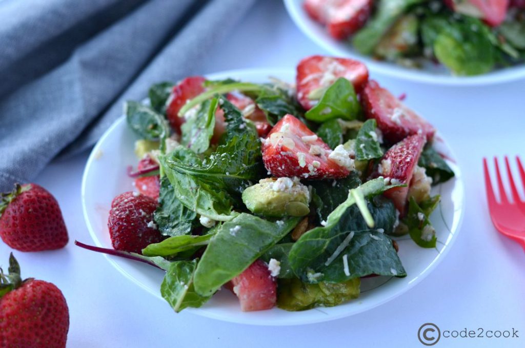 Strawberry Avocado Spinach Salad Recipe | Summer salads This strawberry avocado spinach salad packed with healthy fats and loads of nutrients. With juicy strawberries, crunchy nuts, tangy feta cheese and with greens your healthy summer salad is ready.