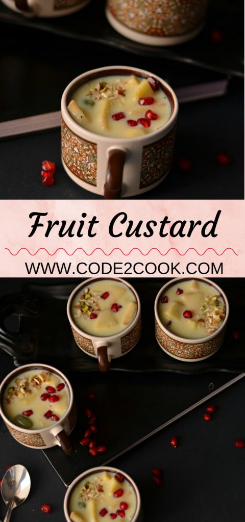 Fruit Custard Recipe | Mixed Fruit Custard | Fruit Salad With Custard Fruit custard is a dessert prepared with custard sauce and adding fresh sweet taste fruits. This is the simplest dessert which is tasty, creamy and gets ready in just a few minutes. Fruit custard is also known as fruit salad with custard, loved by all age groups and a perfect dessert for the party.