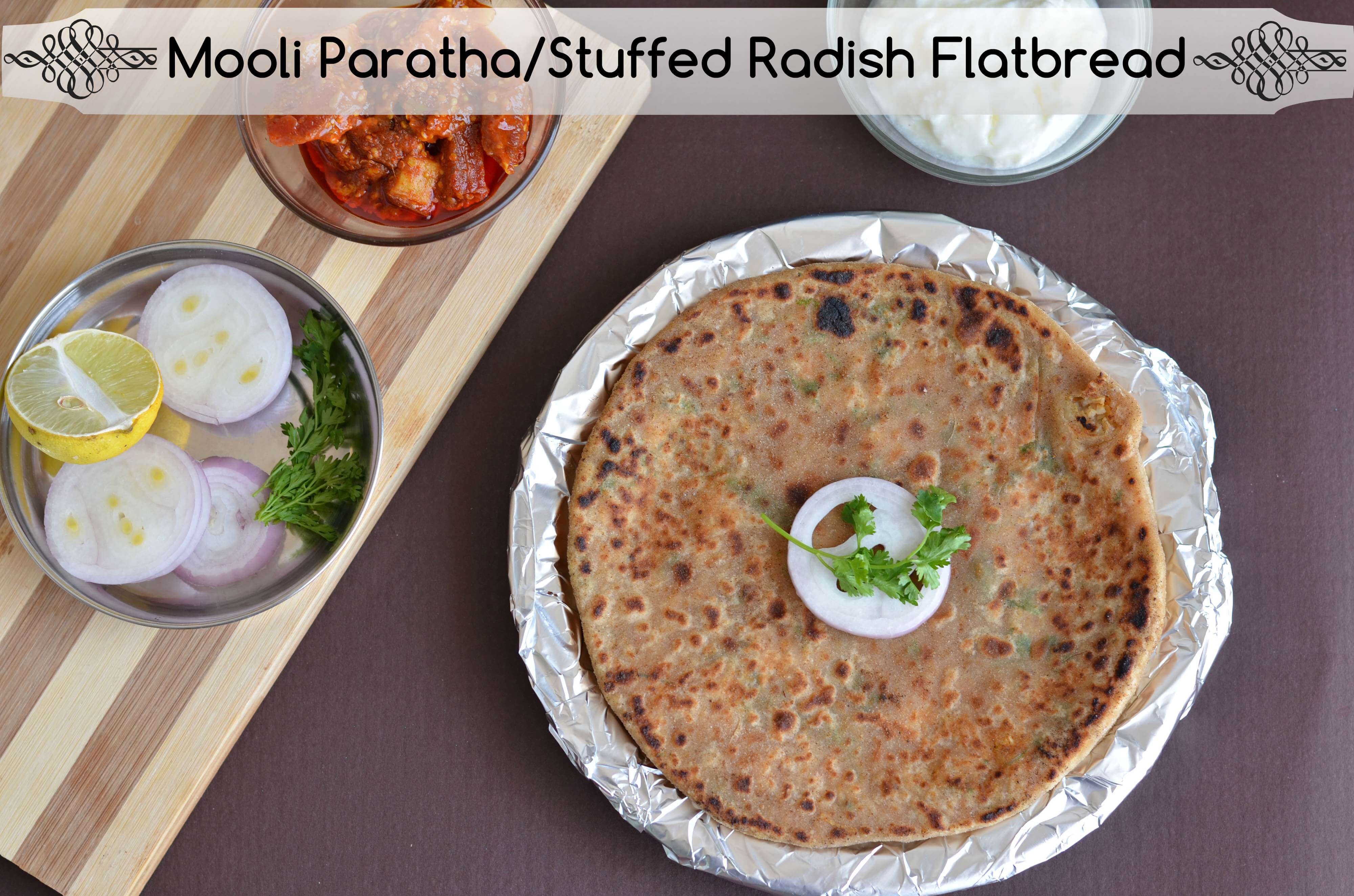 Mooli Paratha Recipe | Stuffed Radish Flatbread Mooli paratha or radish paratha is an Indian flatbread stuffed with grated radish. Stuffing is spiced up with few spices and then stuffed in whole wheat dough portions. These parathas make a wholesome meal for breakfast, lunch or dinner.