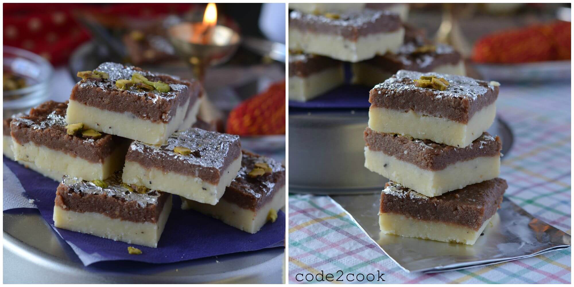 Chocolate burfi is one of the popular Indian festival sweet prepared during Diwali. It is a khoya burfi or mawa burfi recipe. Chocolate burfi is two layered burfi recipe, the bottom layer is plain mawa layer and the top layer is chocolate flavored.