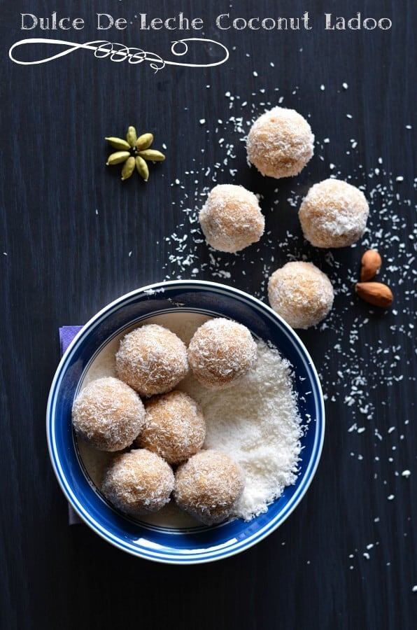 Dulce De Leche Coconut Ladoo | Coconut Laddu | Nariyal Ladoo Dulce de leche coconut ladoo are chewy and caramel flavored delicious sweet. This irresistibly tasty ladoo are prepared with just 3 ingredients.Coconut ladoo or nariyal ladoo are often prepared for festive times like Ganesh Chaturthi, Dussehra, Diwali, and Holi.