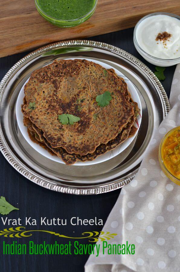 Kuttu Ka Cheela | Falahari Cheela | Buckwheat Cheela (Chilla) Kuttu ka cheela or falahari cheela is served in a plate along with vrat ki chutney & vrat ki sabji.