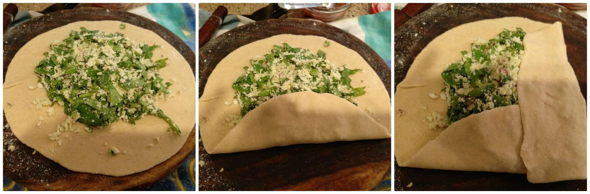 Lifafa paratha or Palak Paneer Lifafa Paratha is a paratha which is of envelope shape and stuffed with palak-paneer filling. Lifafa means envelop or pocket. Filling seasoned with spices, stuffed in the roti(flatbread), sealed like an envelope before cooking on stove top. Basically, a roti folded into a lifafa or pocket shape with filling inside.