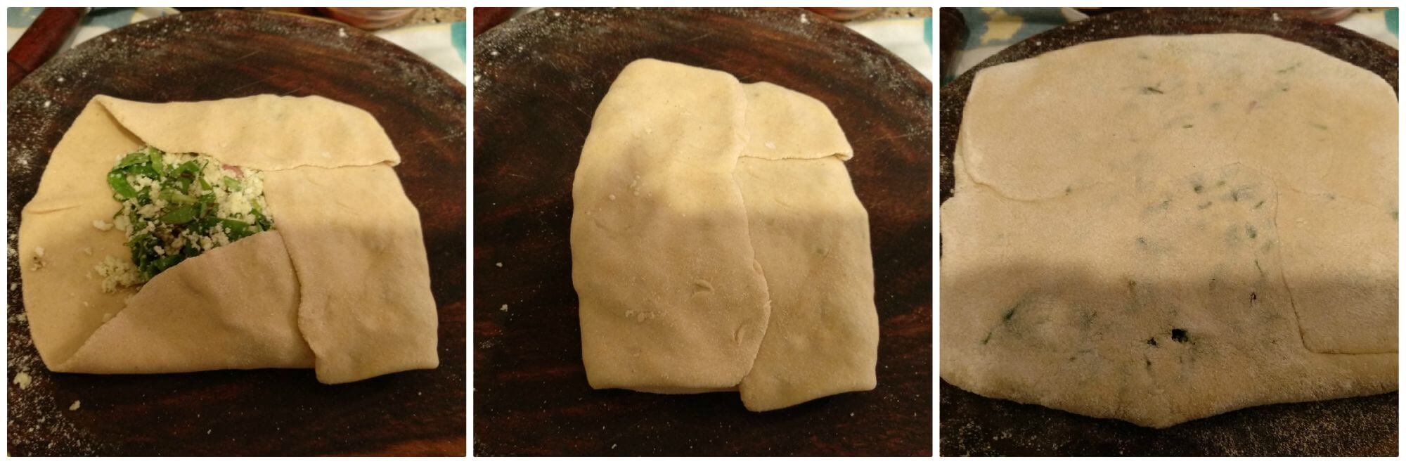 Lifafa paratha or Palak Paneer Lifafa Paratha is a paratha which is of envelope shape and stuffed with palak-paneer filling. Lifafa means envelop or pocket. Filling seasoned with spices, stuffed in the roti(flatbread), sealed like an envelope before cooking on stove top. Basically, a roti folded into a lifafa or pocket shape with filling inside.