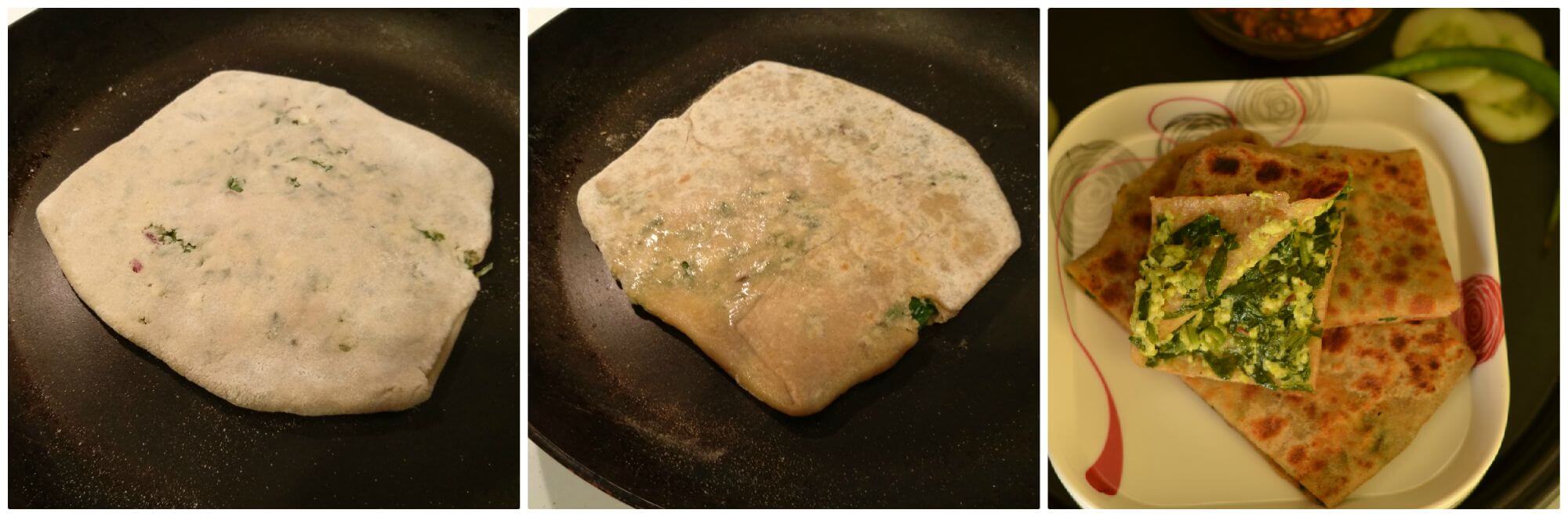 Lifafa paratha or Palak Paneer Lifafa Paratha is a paratha which is of envelope shape and stuffed with palak-paneer filling. Lifafa means envelop or pocket. Filling seasoned with spices, stuffed in the roti(flatbread), sealed like an envelope before cooking on stove top. Basically, a roti folded into a lifafa or pocket shape with filling inside.