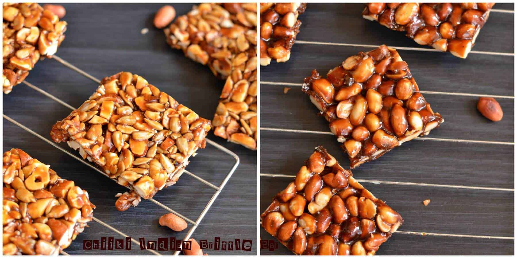 Dry Fruit Chikki | Peanut Chikki | Mixed Nut Chikki close up click of dry fruit chikki and peanut chikki. Also called as jaggery brittle bar
