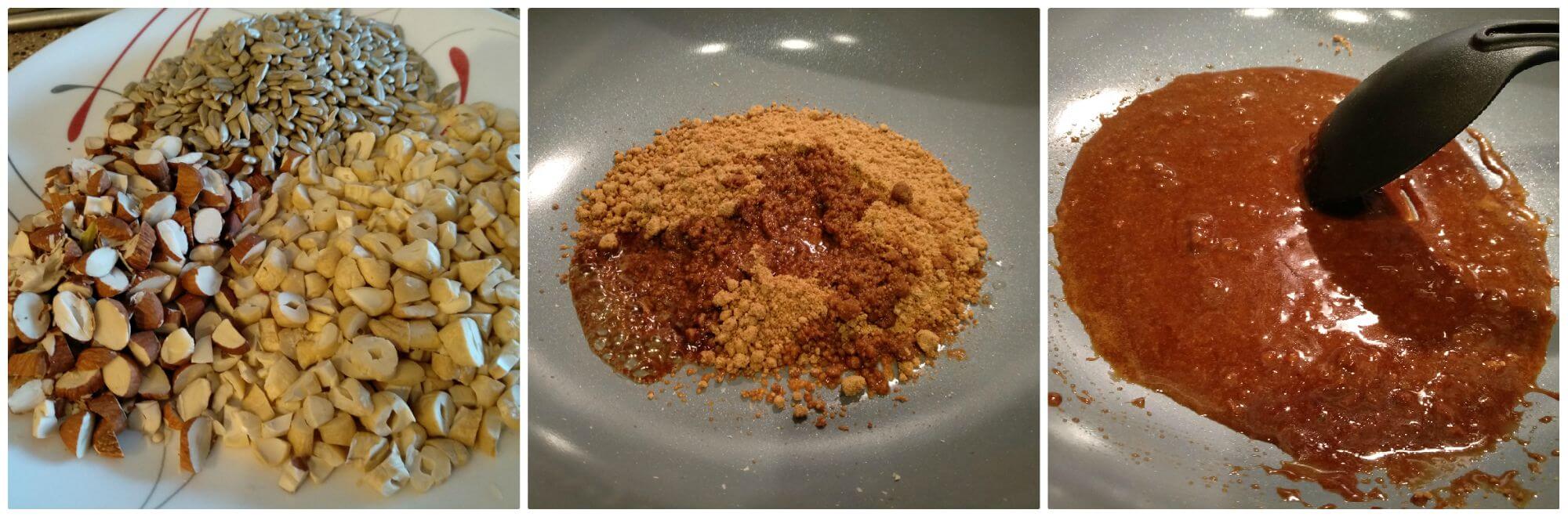 preparation of dry fruit chikki or jaggery brittle bar. nuts are chopped, jaggery syrup in making.