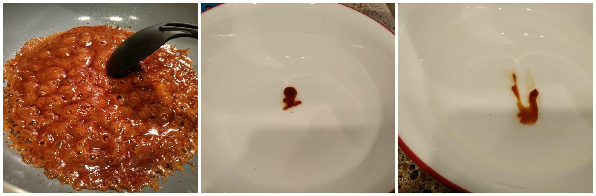 boiled jaggery syrup, checking for consistency.