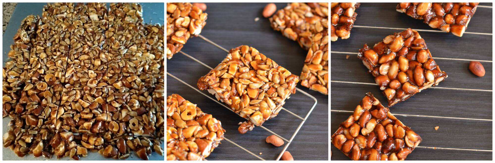 spread the mixture on greased surface. Mark with knife while hot. Snap them and serve. close up clicks for dry fruit chikki and peanut chikki.