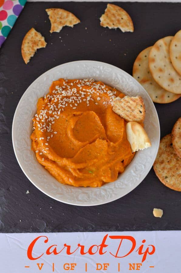 Easy Carrot Dip | Vegan | Gluten-Free Carrot dip is a delicious, super healthy dip with crackers and veggies. This is a gluten-free, vegan, sugarfree, dairy-free and nut-free dip. This carrot dip is creamy, smooth and soft in texture, goes very well with any starters/appetizers or salad.