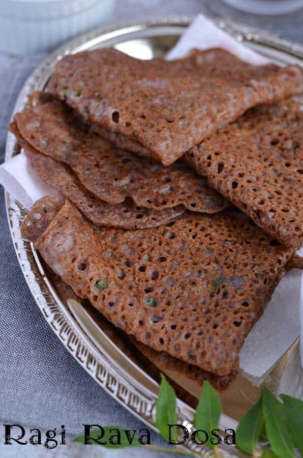 Ragi Rava Dosa | Instant Ragi Dosa Recipe Ragi Rava Dosa is a quick and easy dosa recipe for breakfast, which requires no fermentation. This instant ragi rava dosa or crepe is made with ragi which is known as finger millet flour, rice flour, and semolina. Ragi rava dosa is a healthy, nutritious, quick Indian breakfast recipe.
