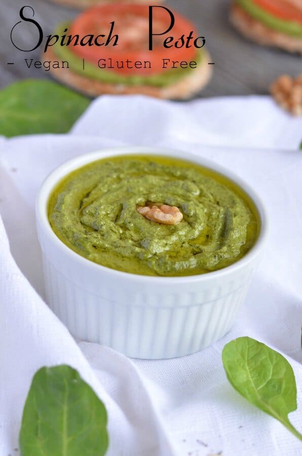 Spinach Pesto With Walnut | Vegan | Gluten-Free Homemade spinach pesto is easy to make, and packed with the goodness of spinach, olive oil, and walnut. This Italian pesto is vegan & Gluten-free. This Spinach Pesto is made without permesan cheese.