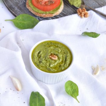 Homemade spinach pesto is easy to make, and packed with the goodness of spinach, olive oil, and walnut. This Italian pesto is vegan & Gluten-free. This Spinach Pesto is made without permesan cheese.