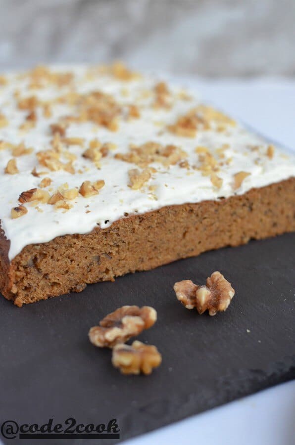 Vegan Eggless Whole Wheat Banana walnut Cake This vegan banana walnut cake is soft, moist and with coconut cream frosting on top. Made with whole wheat flour, spiced with cinnamon and chewy roasted walnut inside, this vegan eggless whole wheat banana cake is loved by all. Must say this is the best recipe to make an eggless banana walnut cake with whole wheat.