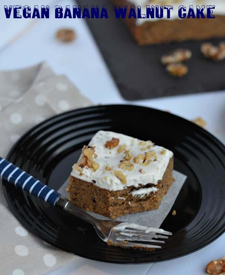 Vegan Eggless Whole Wheat Banana walnut Cake This vegan banana walnut cake is soft, moist and with coconut cream frosting on top. Made with whole wheat flour, spiced with cinnamon and chewy roasted walnut inside, this vegan eggless whole wheat banana cake is loved by all. Must say this is the best recipe to make an eggless banana walnut cake with whole wheat.