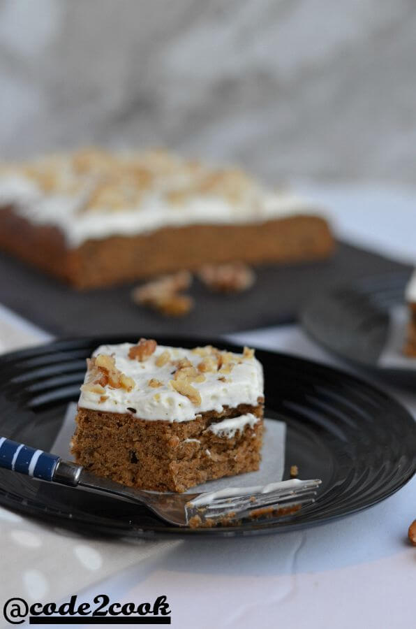 Vegan Eggless Whole Wheat Banana walnut Cake This vegan banana walnut cake is soft, moist and with coconut cream frosting on top. Made with whole wheat flour, spiced with cinnamon and chewy roasted walnut inside, this vegan eggless whole wheat banana cake is loved by all. Must say this is the best recipe to make an eggless banana walnut cake with whole wheat.