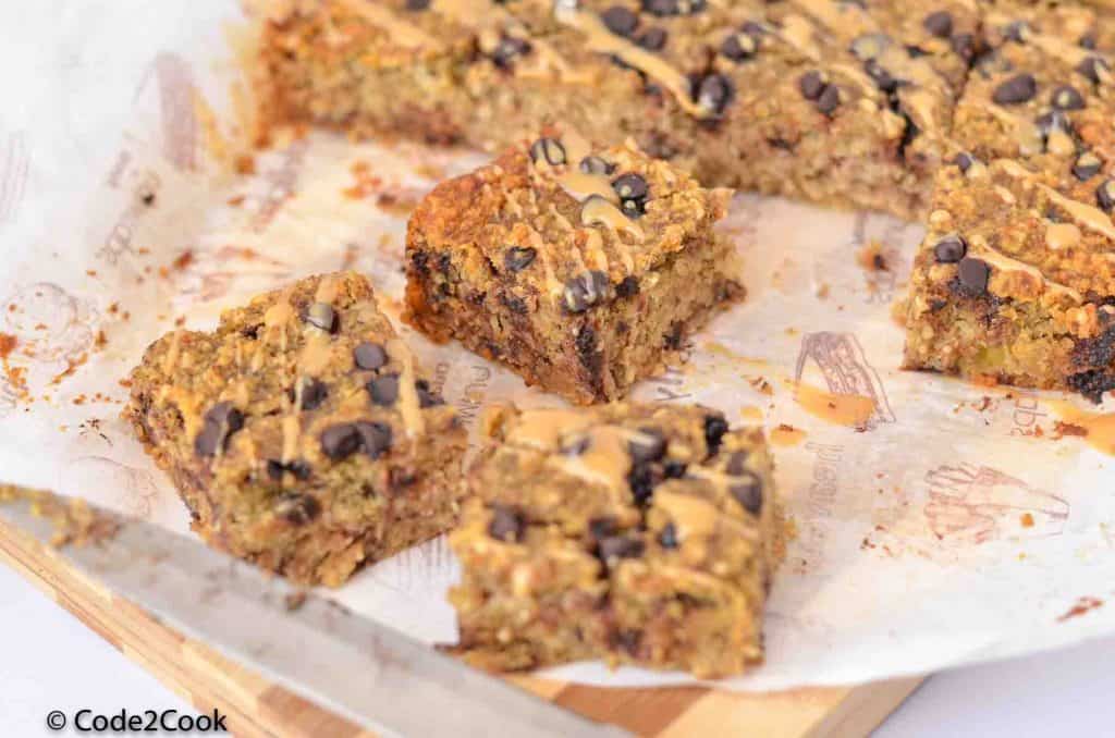A close up shot of cut oatmeal breakfast bars