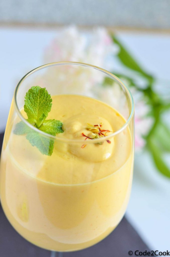 A close up shot of mango lassi.