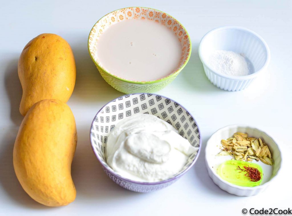 All ingredients used in mango lassi put together.