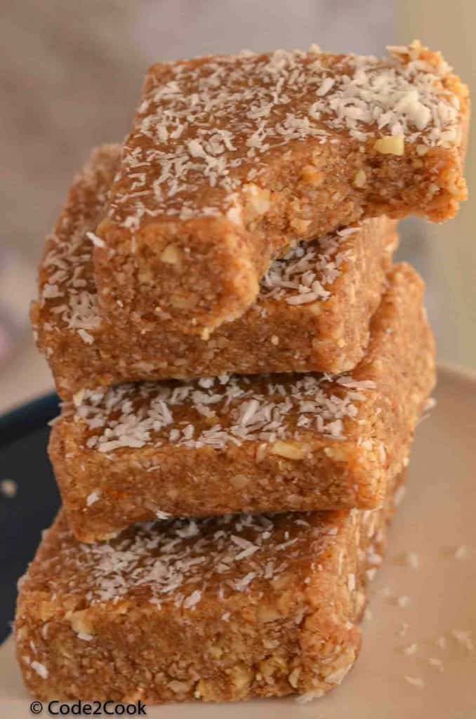 close up stacked macadamia nut bars