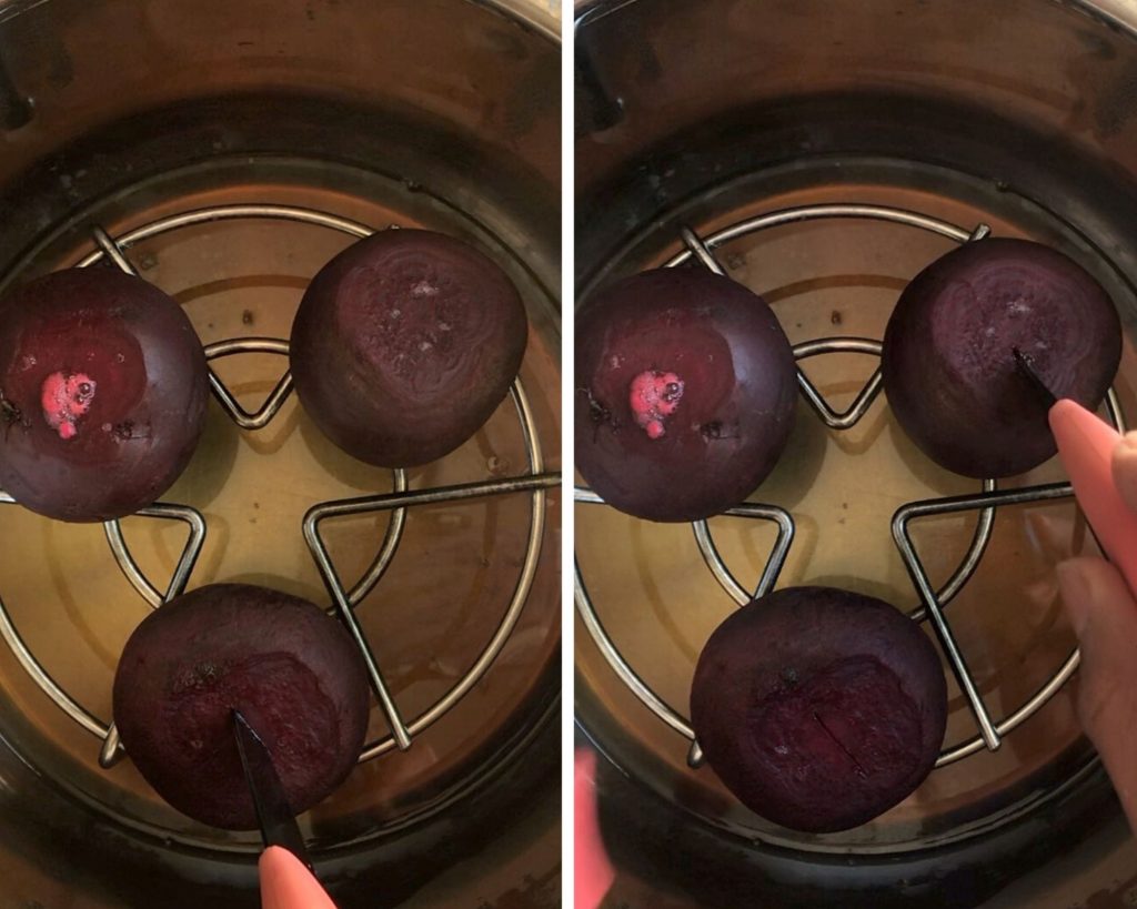 A sharp knife inserted in steamed beets to check the doneness