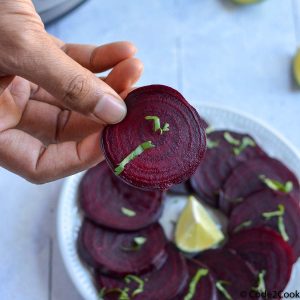 overhead shot of steamed beets slice.